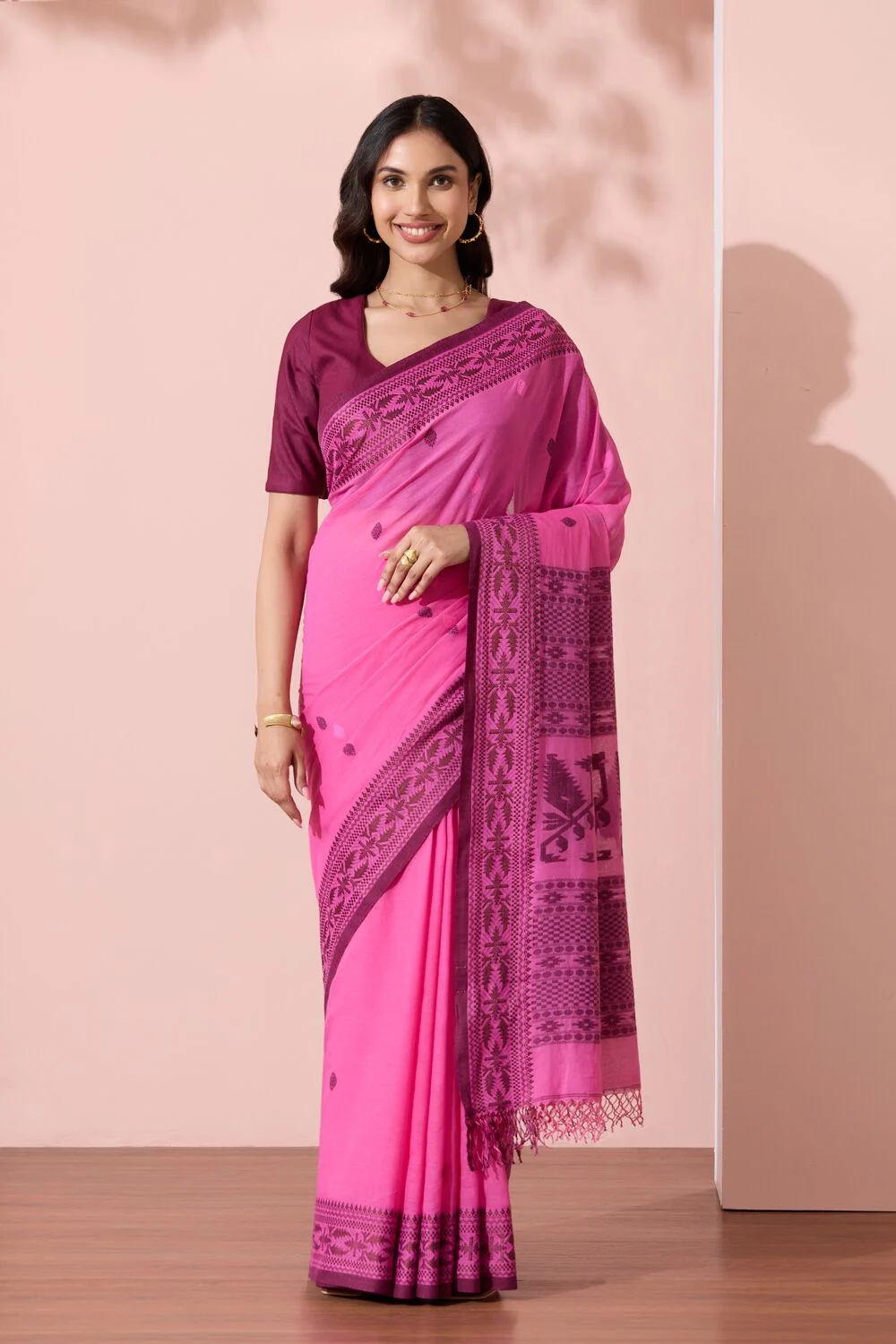 Pink Bengal Pure Cotton Jamdani Saree with Unstitched Blouse Piece